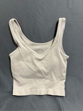 Muji Ribbed V-Neck Cropped Tank Top - Beige
